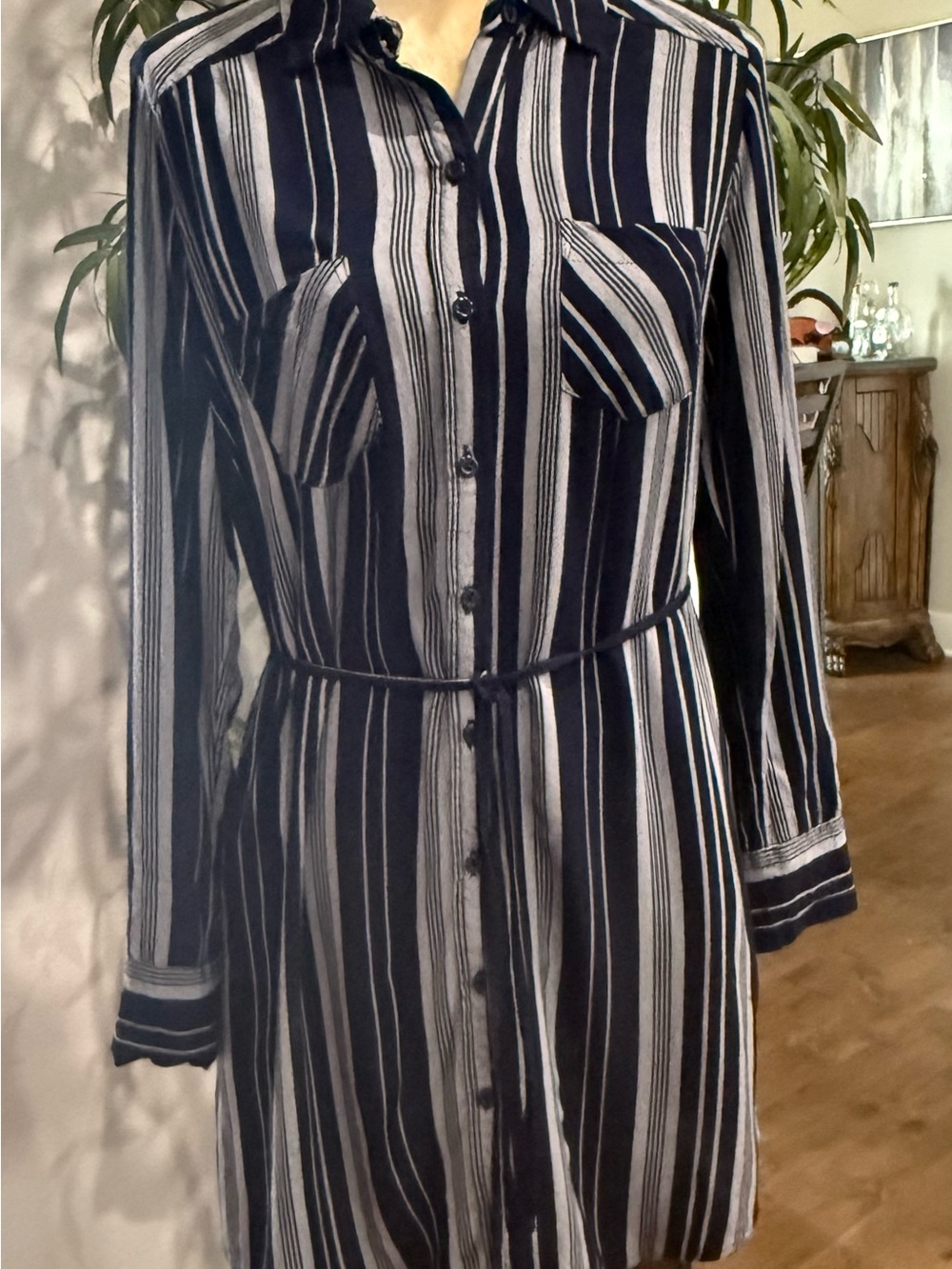 Merona Navy and White Long-Sleeve Striped Shirt Dress